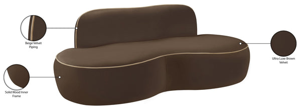 Meridian Furniture Swerve Curved Velvet Sofa with Contrast Piping Sculptural Upholstered Living Room Seating Brown 77 inches 44021Brown-L