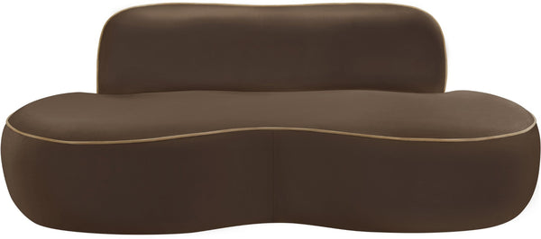 Meridian Furniture Swerve Curved Velvet Sofa with Contrast Piping Sculptural Upholstered Living Room Seating Brown 77 inches 44021Brown-L