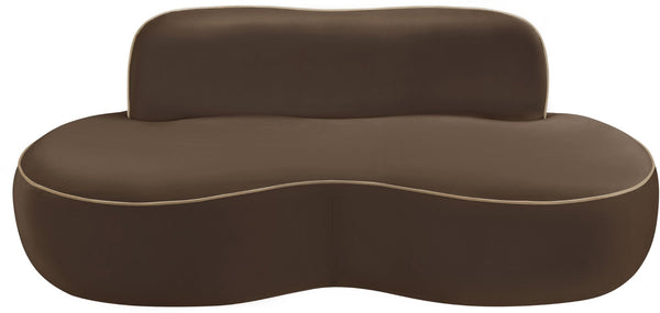 Meridian Furniture Swerve Curved Velvet Sofa with Contrast Piping Sculptural Upholstered Living Room Seating Brown 77 inches 44021Brown-L