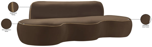 Meridian Furniture Swerve Curved Velvet Sofa with Contrast Piping Sculptural Upholstered Living Room Seating Brown 100 inches 44021Brown-S