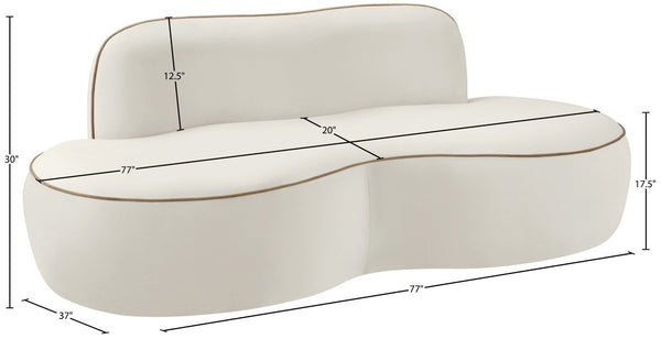 Meridian Furniture Swerve Curved Velvet Sofa with Contrast Piping Sculptural Upholstered Living Room Seating Cream 77 inches 44021Cream-L