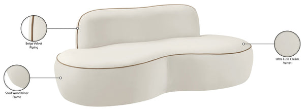 Meridian Furniture Swerve Curved Velvet Sofa with Contrast Piping Sculptural Upholstered Living Room Seating Cream 77 inches 44021Cream-L