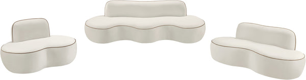 Meridian Furniture Swerve Curved Velvet Sofa with Contrast Piping Sculptural Upholstered Living Room Seating Cream 77 inches 44021Cream-L