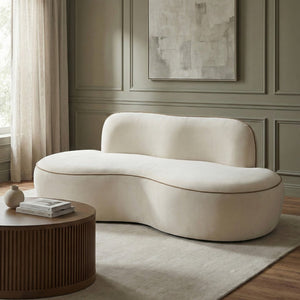 Meridian Furniture Swerve Curved Velvet Sofa with Contrast Piping Sculptural Upholstered Living Room Seating Cream 77 inches 44021Cream-L