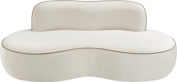 Meridian Furniture Swerve Curved Velvet Sofa with Contrast Piping Sculptural Upholstered Living Room Seating Cream 77 inches 44021Cream-L