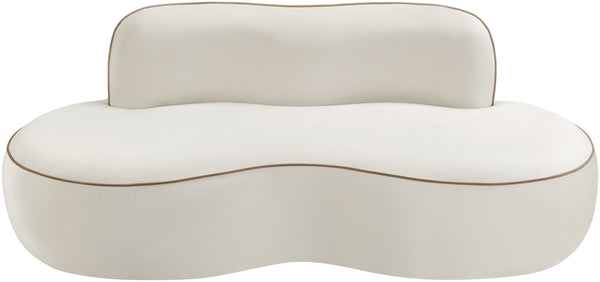 Meridian Furniture Swerve Curved Velvet Sofa with Contrast Piping Sculptural Upholstered Living Room Seating Cream 77 inches 44021Cream-L