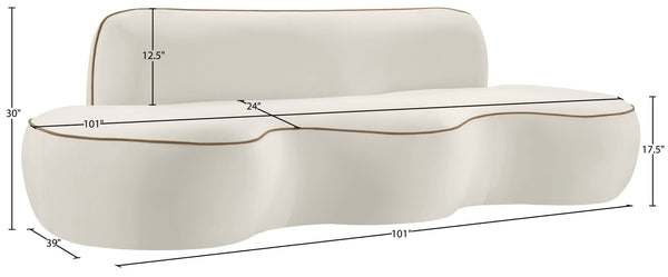Meridian Furniture Swerve Curved Velvet Sofa with Contrast Piping Sculptural Upholstered Living Room Seating Cream 100 inches 44021Cream-S