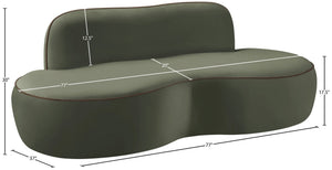 Meridian Furniture Swerve Curved Velvet Sofa with Contrast Piping Sculptural Upholstered Living Room Seating Green 77 inches 44021Green-L