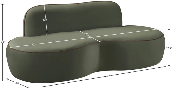 Meridian Furniture Swerve Curved Velvet Sofa with Contrast Piping Sculptural Upholstered Living Room Seating Green 77 inches 44021Green-L