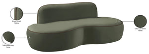 Meridian Furniture Swerve Curved Velvet Sofa with Contrast Piping Sculptural Upholstered Living Room Seating Green 77 inches 44021Green-L