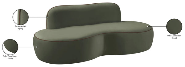 Meridian Furniture Swerve Curved Velvet Sofa with Contrast Piping Sculptural Upholstered Living Room Seating Green 77 inches 44021Green-L