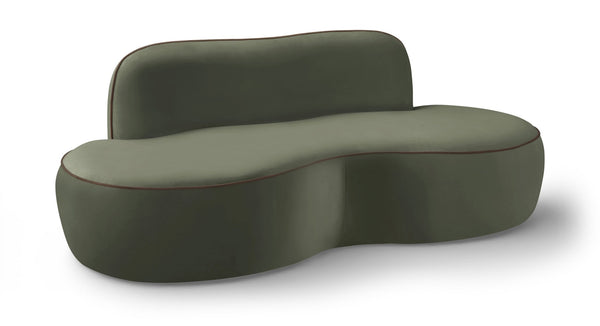Meridian Furniture Swerve Curved Velvet Sofa with Contrast Piping Sculptural Upholstered Living Room Seating Green 77 inches 44021Green-L