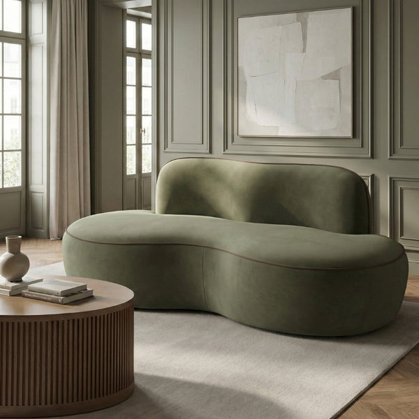 Meridian Furniture Swerve Curved Velvet Sofa with Contrast Piping Sculptural Upholstered Living Room Seating Green 77 inches 44021Green-L