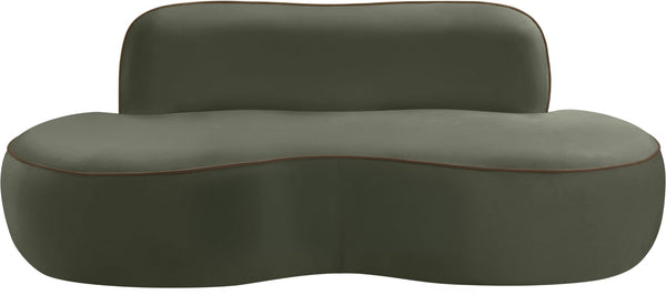 Meridian Furniture Swerve Curved Velvet Sofa with Contrast Piping Sculptural Upholstered Living Room Seating Green 77 inches 44021Green-L