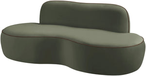 Meridian Furniture Swerve Curved Velvet Sofa with Contrast Piping Sculptural Upholstered Living Room Seating Green 77 inches 44021Green-L