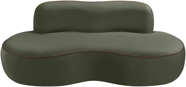 Meridian Furniture Swerve Curved Velvet Sofa with Contrast Piping Sculptural Upholstered Living Room Seating Green 77 inches 44021Green-L