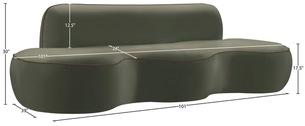 Meridian Furniture Swerve Curved Velvet Sofa with Contrast Piping Sculptural Upholstered Living Room Seating Green 100 inches 44021Green-S