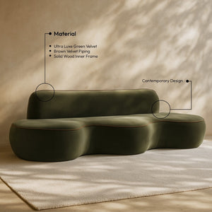 Meridian Furniture Swerve Curved Velvet Sofa with Contrast Piping Sculptural Upholstered Living Room Seating Green 100 inches 44021Green-S