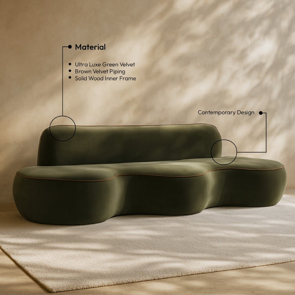 Meridian Furniture Swerve Curved Velvet Sofa with Contrast Piping Sculptural Upholstered Living Room Seating Green 100 inches 44021Green-S