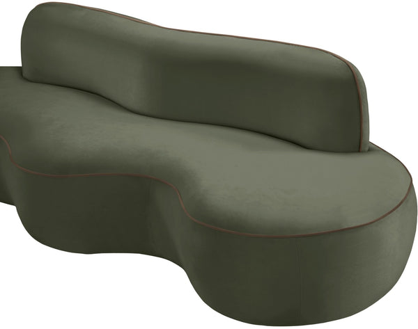 Meridian Furniture Swerve Curved Velvet Sofa with Contrast Piping Sculptural Upholstered Living Room Seating Green 100 inches 44021Green-S
