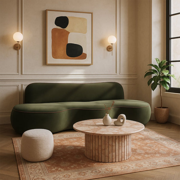 Meridian Furniture Swerve Curved Velvet Sofa with Contrast Piping Sculptural Upholstered Living Room Seating Green 100 inches 44021Green-S