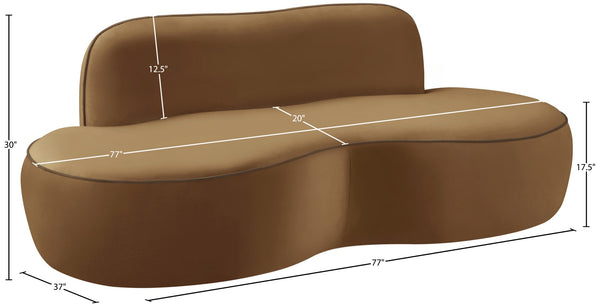 Meridian Furniture Swerve Curved Velvet Sofa with Contrast Piping Sculptural Upholstered Living Room Seating Saddle 77 inches 44021Saddle-L
