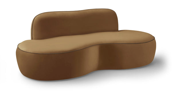 Meridian Furniture Swerve Curved Velvet Sofa with Contrast Piping Sculptural Upholstered Living Room Seating Saddle 77 inches 44021Saddle-L