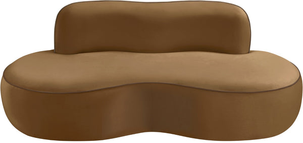 Meridian Furniture Swerve Curved Velvet Sofa with Contrast Piping Sculptural Upholstered Living Room Seating Saddle 77 inches 44021Saddle-L