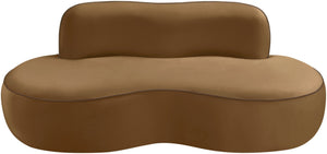 Meridian Furniture Swerve Curved Velvet Sofa with Contrast Piping Sculptural Upholstered Living Room Seating Saddle 77 inches 44021Saddle-L