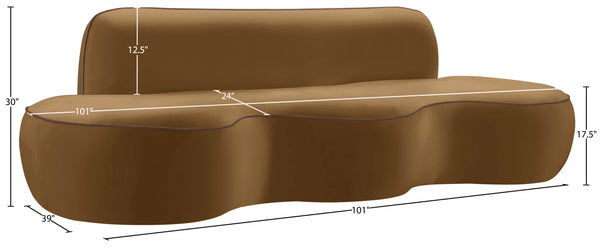 Meridian Furniture Swerve Curved Velvet Sofa with Contrast Piping Sculptural Upholstered Living Room Seating Saddle 100 inches 44021Saddle-S