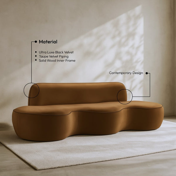 Meridian Furniture Swerve Curved Velvet Sofa with Contrast Piping Sculptural Upholstered Living Room Seating Saddle 100 inches 44021Saddle-S
