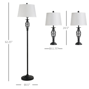 English Elm HOMCOM 3-Piece Vintage Floor & Table Lamp Set with Woven Metal Pole, White Fabric Shades, Cozy Glow W2225P217294