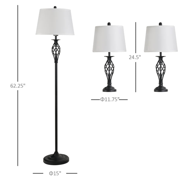 English Elm HOMCOM 3-Piece Vintage Floor & Table Lamp Set with Woven Metal Pole, White Fabric Shades, Cozy Glow W2225P217294