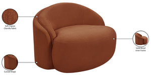 Meridian Furniture Caspian Curved Sculptural Chenille Accent Chair with Solid Wood Frame for Modern Living Spaces Cognac 44033Cognac-C