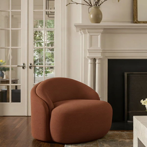 Meridian Furniture Caspian Curved Sculptural Chenille Accent Chair with Solid Wood Frame for Modern Living Spaces Cognac 44033Cognac-C