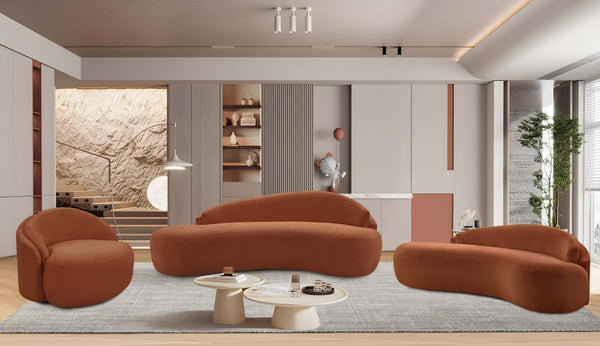 Meridian Furniture Caspian Curved Chenille Sofa with Sculptural Silhouette and Solid Wood Frame for Living Rooms Cognac 79 inches 44033Cognac-L