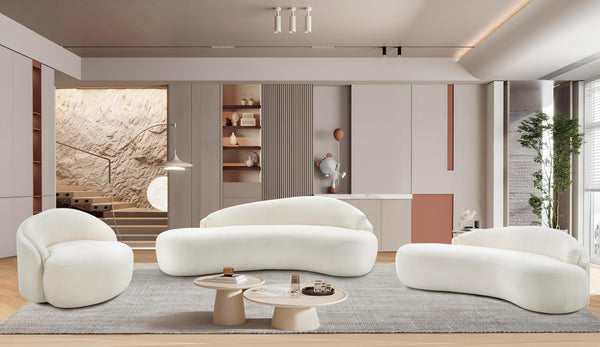 Meridian Furniture Caspian Curved Chenille Sofa with Sculptural Silhouette and Solid Wood Frame for Living Rooms Cream 79 inches 44033Cream-L