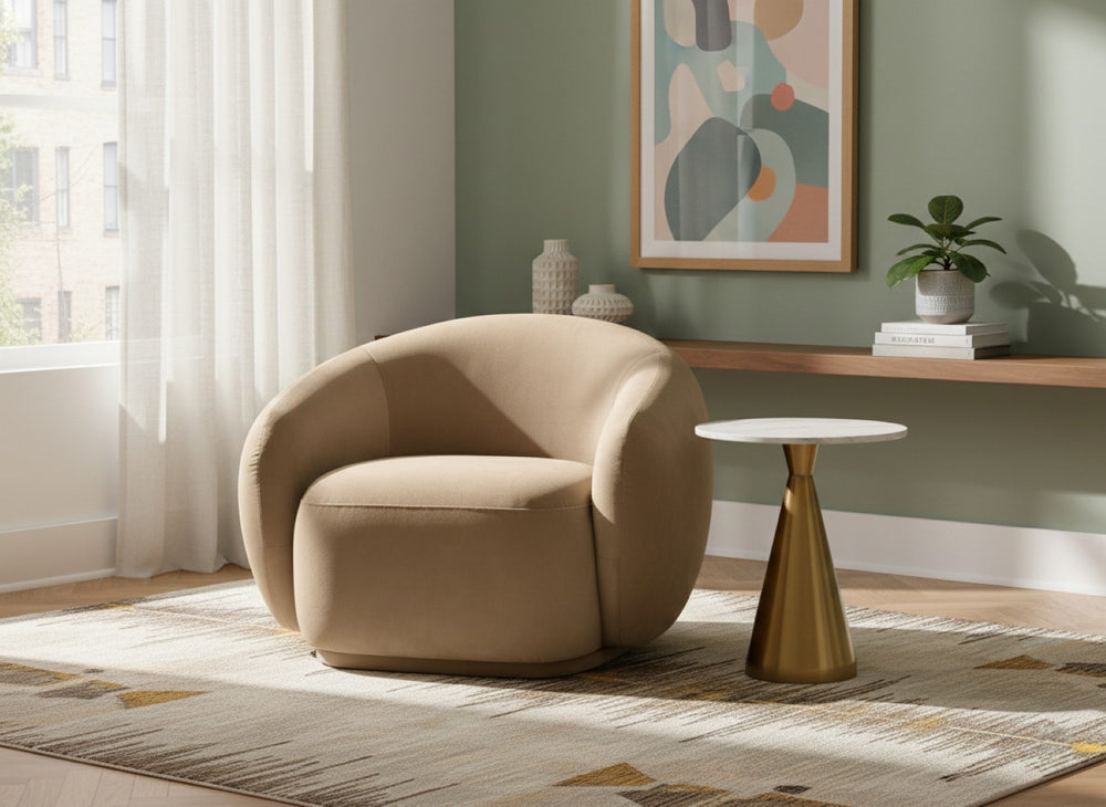 Meridian Furniture Emery Plush Velvet Accent Chair with Curved Eucalyptus Frame for Modern Living Room Comfort Beige 44044Beige-C