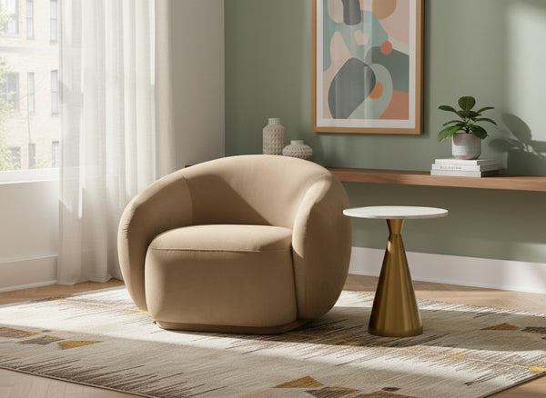 Meridian Furniture Emery Plush Velvet Accent Chair with Curved Eucalyptus Frame for Modern Living Room Comfort Beige 44044Beige-C