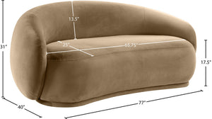 Meridian Furniture Emery Curved Velvet Sofa with Deep Cushioned Seating and Rounded Arms for Modern Living Rooms Beige 77 inches 44044Beige-L