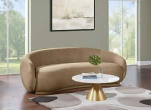 Meridian Furniture Emery Curved Velvet Sofa with Deep Cushioned Seating and Rounded Arms for Modern Living Rooms Beige 95 inches 44044Beige-S