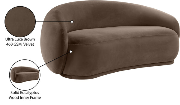 Meridian Furniture Emery Curved Velvet Sofa with Deep Cushioned Seating and Rounded Arms for Modern Living Rooms Brown 77 inches 44044Brown-L