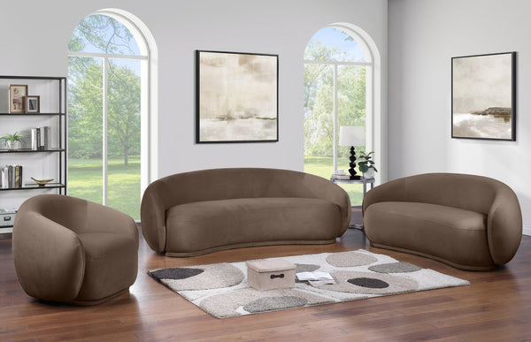 Meridian Furniture Emery Curved Velvet Sofa with Deep Cushioned Seating and Rounded Arms for Modern Living Rooms Brown 77 inches 44044Brown-L