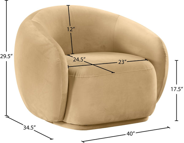 Meridian Furniture Emery Plush Velvet Accent Chair with Curved Eucalyptus Frame for Modern Living Room Comfort Camel 44044Camel-C