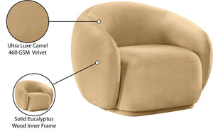 Meridian Furniture Emery Plush Velvet Accent Chair with Curved Eucalyptus Frame for Modern Living Room Comfort Camel 44044Camel-C