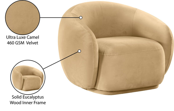 Meridian Furniture Emery Plush Velvet Accent Chair with Curved Eucalyptus Frame for Modern Living Room Comfort Camel 44044Camel-C