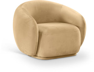 Meridian Furniture Emery Plush Velvet Accent Chair with Curved Eucalyptus Frame for Modern Living Room Comfort Camel 44044Camel-C