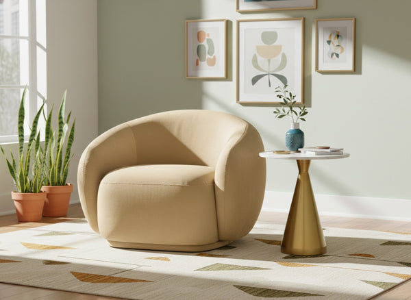 Meridian Furniture Emery Plush Velvet Accent Chair with Curved Eucalyptus Frame for Modern Living Room Comfort Camel 44044Camel-C