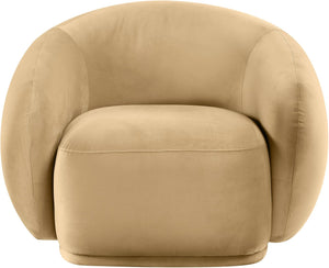 Meridian Furniture Emery Plush Velvet Accent Chair with Curved Eucalyptus Frame for Modern Living Room Comfort Camel 44044Camel-C