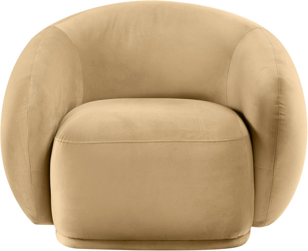 Meridian Furniture Emery Plush Velvet Accent Chair with Curved Eucalyptus Frame for Modern Living Room Comfort Camel 44044Camel-C